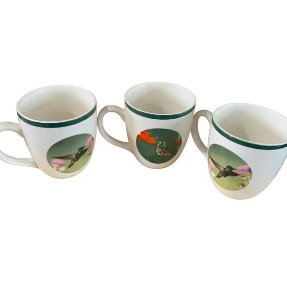National Wildlife Federation Mugs 2 Green 1 orange Hummingbirds Birds 16 oz  set